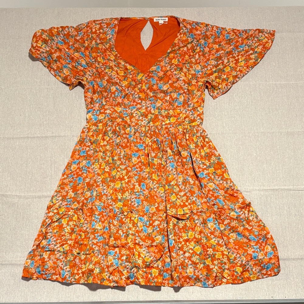 Roller Rabbit Orange Floral Dress size Large Short Lined Keyhole